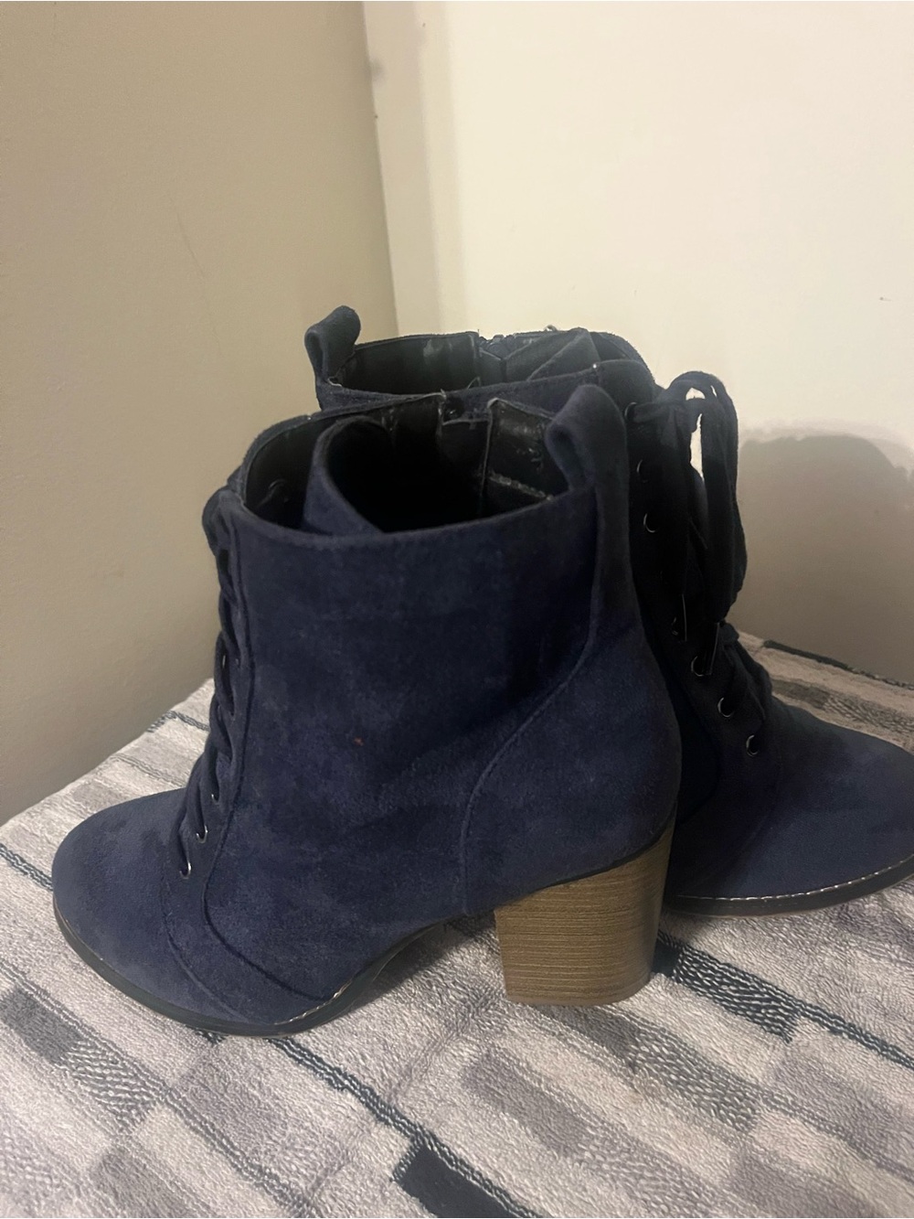 Candie's Navy Faux Suede Lace-Up Block Heel Ankle Boots